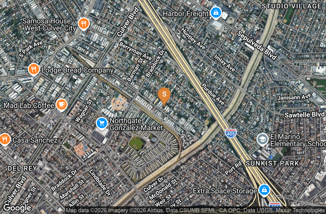 Wide aerial — subject between Culver City, the 405/90 interchange, and Playa Vista