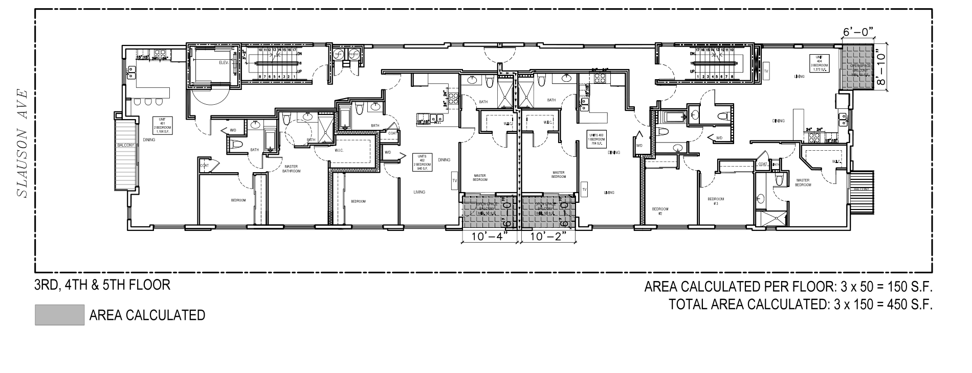 Typical floor plan — 3rd through 5th floors, four units per floor