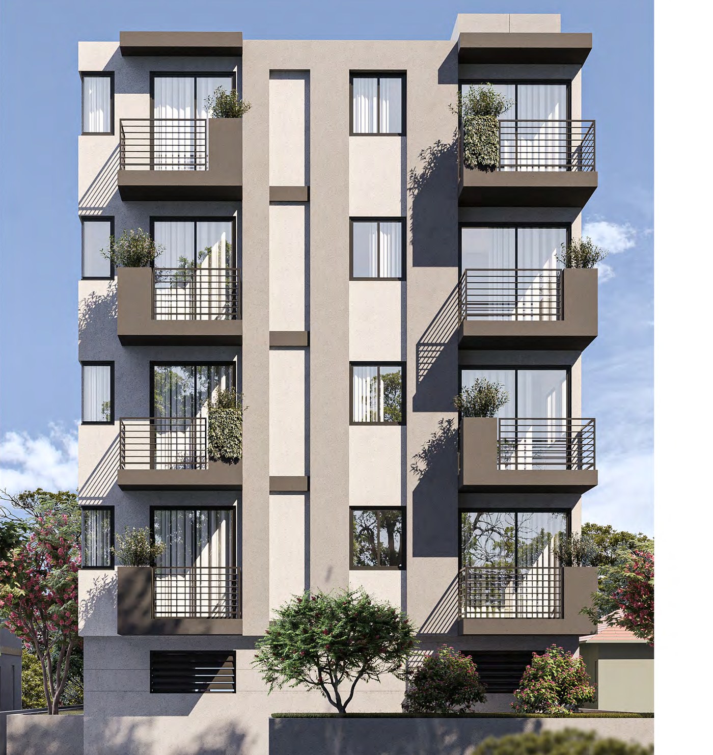 Proposed east (rear) elevation rendering — balconies and planted terraces
