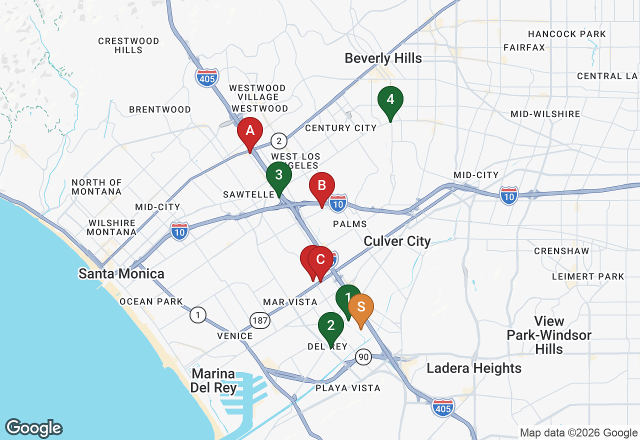 Comp map — green 1-4 closed sales, red A-D active listings, S subject in Del Rey